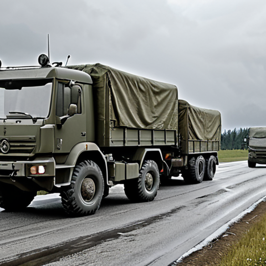 **Trucks delivering supplies under difficult conditions during a Bundeswehr military operation.** This should convey the challenges faced by logistics personnel. Focus on realism and perhaps a slightly desaturated color palette.