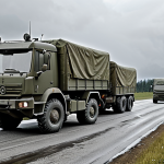 **Trucks delivering supplies under difficult conditions during a Bundeswehr military operation.** This should convey the challenges faced by logistics personnel. Focus on realism and perhaps a slightly desaturated color palette.