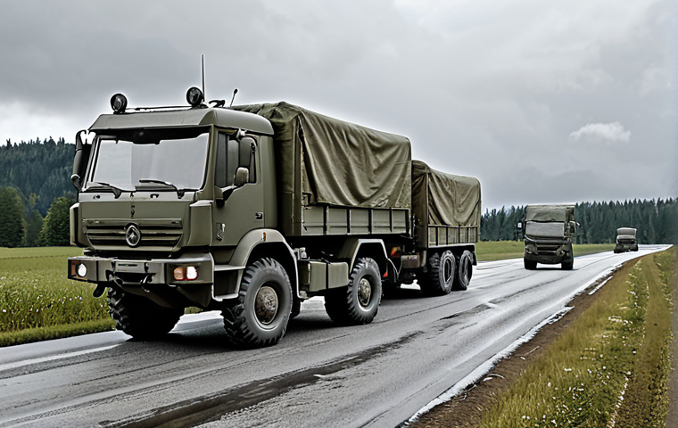 **Trucks delivering supplies under difficult conditions during a Bundeswehr military operation.** This should convey the challenges faced by logistics personnel. Focus on realism and perhaps a slightly desaturated color palette.