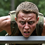 **

A determined-looking applicant undergoing a rigorous physical test during an anti-terror unit selection process. Focus on the intensity and challenge of the training. Think obstacle course, heavy gear, and determined expressions. "Anti-terror unit selection, intense physical training, obstacle course, Bundeswehr, determination, sweat, exertion"

**