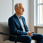 A thoughtful German veteran, fully clothed in a modest, professional blazer and shirt, sitting calmly in a modern, softly lit counseling room. The room features a comfortable armchair and a small table with a subtle, abstract art piece on the wall, suggesting tranquility and support for mental well-being. The veteran's expression is composed, reflecting quiet resilience and introspection. Soft, natural lighting filters in from a window. Perfect anatomy, correct proportions, natural pose, well-formed hands, proper finger count, natural body proportions. Safe for work, appropriate content, fully clothed, professional, high quality, professional photography.
