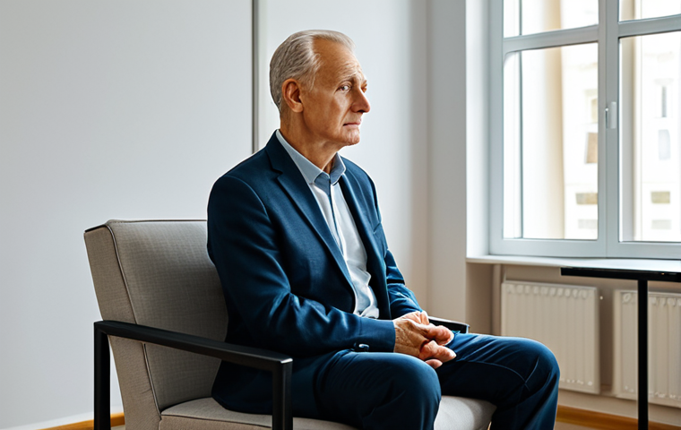 A thoughtful German veteran, fully clothed in a modest, professional blazer and shirt, sitting calmly in a modern, softly lit counseling room. The room features a comfortable armchair and a small table with a subtle, abstract art piece on the wall, suggesting tranquility and support for mental well-being. The veteran's expression is composed, reflecting quiet resilience and introspection. Soft, natural lighting filters in from a window. Perfect anatomy, correct proportions, natural pose, well-formed hands, proper finger count, natural body proportions. Safe for work, appropriate content, fully clothed, professional, high quality, professional photography.