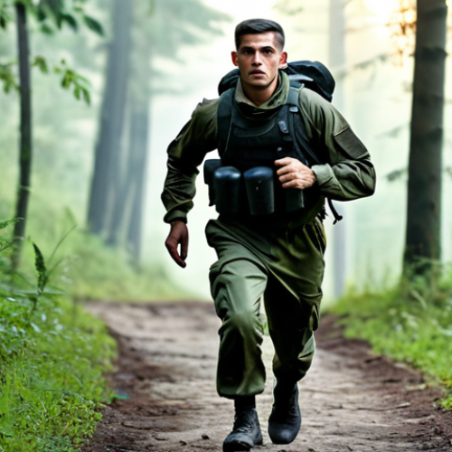 Home 6 육군 특수전 부대원의 하루 - Early Morning Training**
"KSK soldier fully clothed in standard military gear, jogging on a forest ...