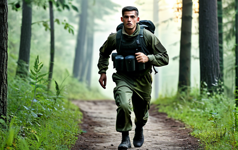 육군 특수전 부대원의 하루 - Early Morning Training**
"KSK soldier fully clothed in standard military gear, jogging on a forest ...