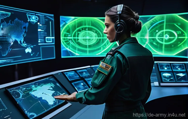 육군 미래 전쟁 전략 - **Prompt:** A futuristic, high-security military command center. Several diverse military personnel,...