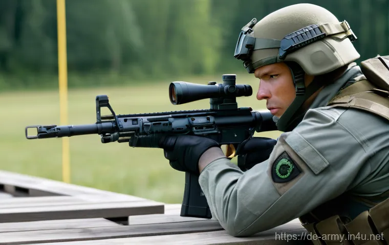 육군 사격 훈련 규정 - Inside a high-tech Bundeswehr "Schießkino" (shooting cinema) simulator, two soldiers in full uniform...