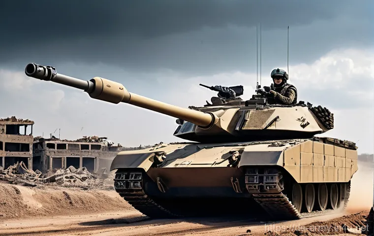 육군 기갑 전투 실전 분석 - **Prompt:** A modern main battle tank (MBT), such as a Leopard 2, Abrams, or Challenger 2, cautiousl...