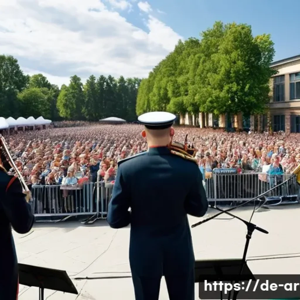 육군 군악대 역할과 활동 - **Prompt:** A dynamic and modern German Bundeswehr music corps performing on a large outdoor stage a...