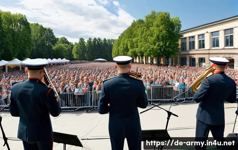 육군 군악대 역할과 활동 - **Prompt:** A dynamic and modern German Bundeswehr music corps performing on a large outdoor stage a...