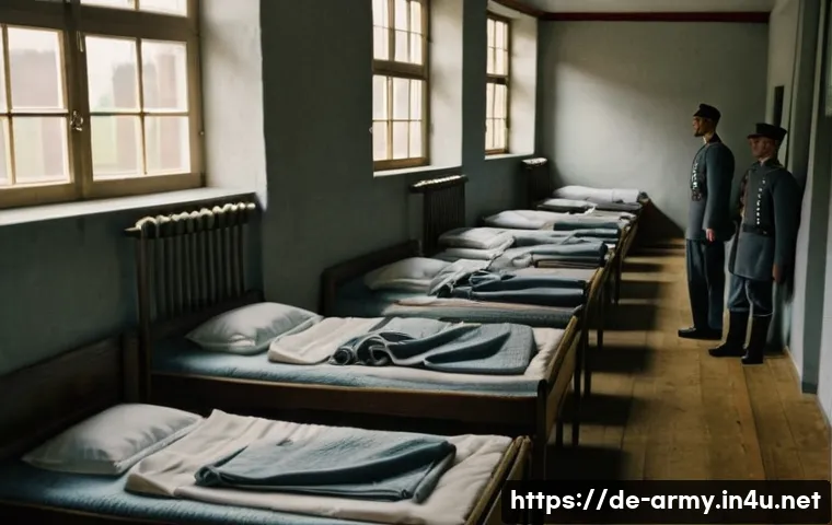 육군 훈련소 입소 후 생활 - A disciplined early morning military training camp scene in Germany: young recruits in neat, pressed...
