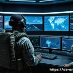 육군 장비 현대화 계획 - A futuristic military command center featuring soldiers using advanced digital communication devices...