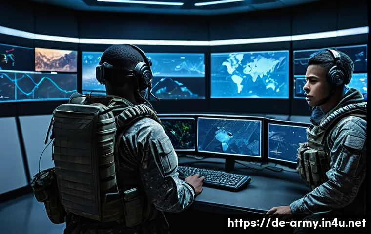 육군 장비 현대화 계획 - A futuristic military command center featuring soldiers using advanced digital communication devices...