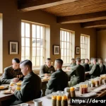 육군 훈련소 식단 - A well-organized military training camp dining hall scene during breakfast time, featuring German so...