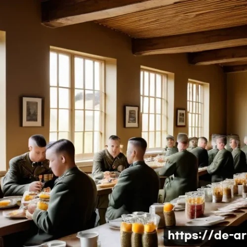 육군 훈련소 식단 - A well-organized military training camp dining hall scene during breakfast time, featuring German so...