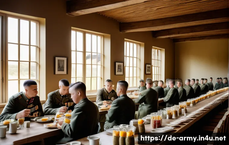 육군 훈련소 식단 - A well-organized military training camp dining hall scene during breakfast time, featuring German so...