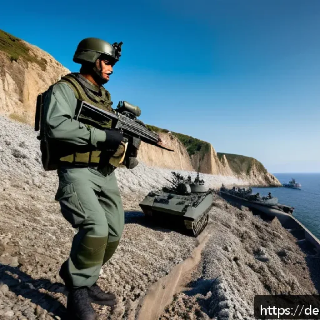 육군 해상 작전 개요 - A detailed, dynamic scene of a joint military exercise on a rugged European coastline, showing Germa...