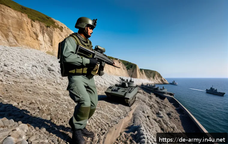 육군 해상 작전 개요 - A detailed, dynamic scene of a joint military exercise on a rugged European coastline, showing Germa...