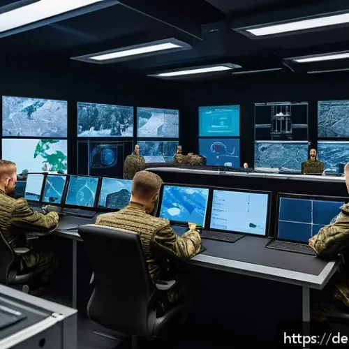 육군 야전 통신 체계 - A detailed scene of a modern military command center in Germany, showing soldiers in Bundeswehr unif...