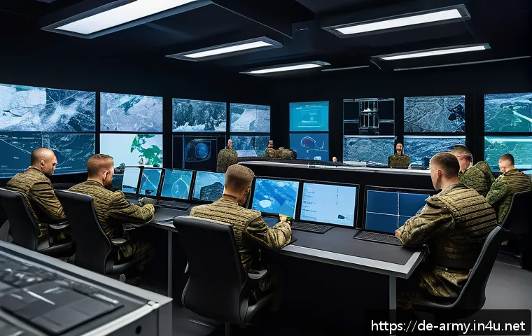 육군 야전 통신 체계 - A detailed scene of a modern military command center in Germany, showing soldiers in Bundeswehr unif...