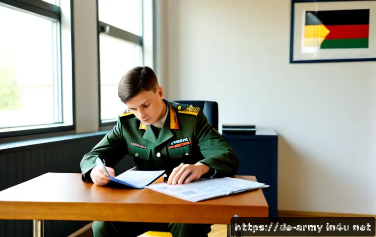 육군 장기 복무 조건 - Photorealistic German Bundeswehr career consultation scene, a young adult soldier in clean modern ca...