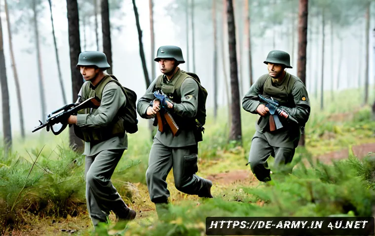 육군 소부대 전투 전술 - Photorealistic German infantry small-unit training exercise in a dense Central European pine forest,...