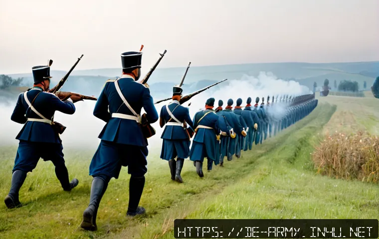 Home 17 육군 전쟁 역사 주요 사건 - Photorealistic 19th-century German military history scene, disciplined Prussian infantry in dark blu...