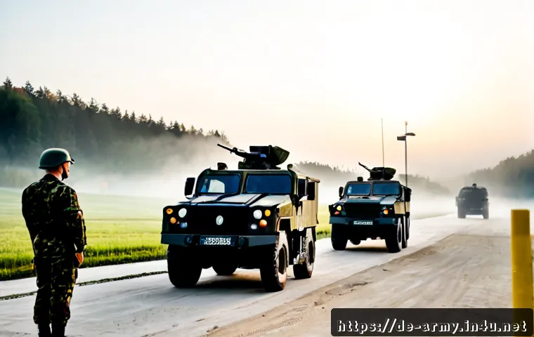 육군 전투기지 방어전술 - Photorealistic German Bundeswehr-style military base perimeter defense at dawn, uniformed soldiers i...
