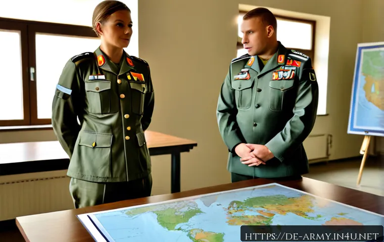 육군 부대 내 계급별 역할 - Photorealistic German military unit briefing in a clean modern barracks operations room, senior offi...